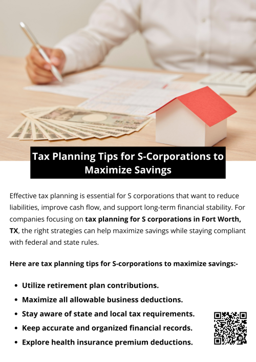 S-Corporations can maximize savings by carefully balancing salaries and distributions, claiming all eligible deductions, and utilizing retirement and healthcare benefits. Timing income and expenses strategically further reduces tax liability. Engaging in tax planning for S corporations in Fort Worth, TX, ensures compliance, identifies additional savings opportunities, and supports efficient financial management for sustainable business growth. To know more visit https://www.alignedwealthadv.com/tax-planning-fort-worth-tx