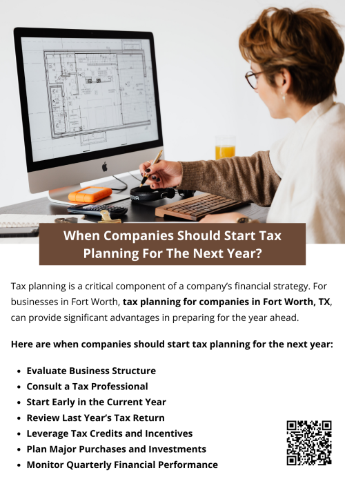 Companies should start tax planning for the next year well before the current year ends to evaluate performance, adjust strategies, and forecast liabilities. Early planning allows time to optimize deductions, manage cash flow, and avoid last-minute issues. Proactive tax planning for companies in Fort Worth, TX, supports better financial decisions and reduces unexpected tax exposure. To know more visit here  https://www.alignedwealthadv.com/tax-planning-fort-worth-tx