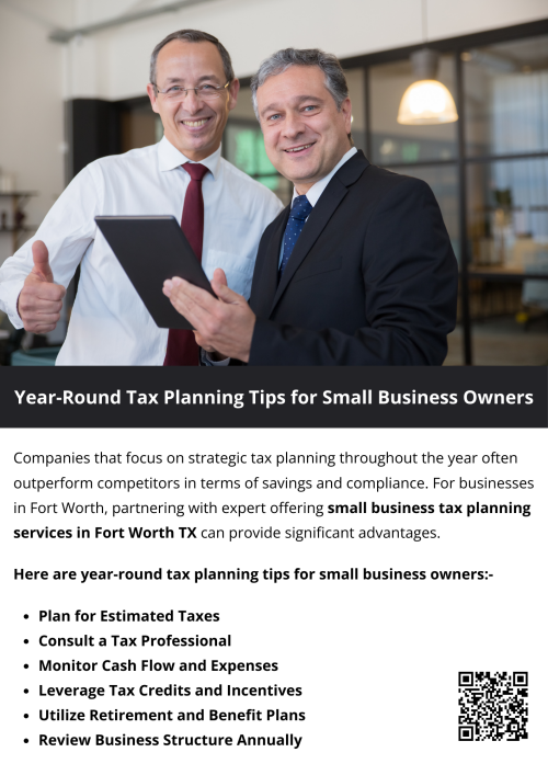 Year-round tax planning helps small business owners track income, manage expenses, and adjust strategies before deadlines arise. Regular reviews uncover deductions, improve cash flow, and reduce compliance risks. Partnering with expert offering small business tax planning services in Fort Worth TX ensures proactive guidance, fewer surprises, and smarter financial decisions throughout the entire year. To know more visit here  https://www.alignedwealthadv.com/tax-planning-fort-worth-tx