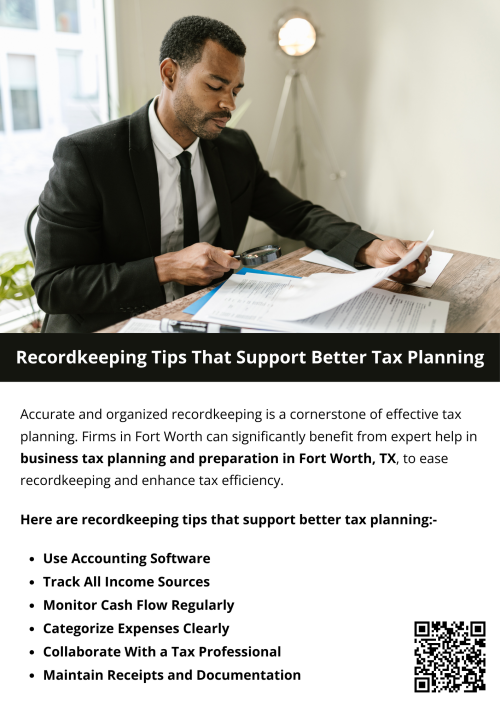 Accurate recordkeeping supports better tax planning by ensuring income, expenses, and deductions are properly documented year-round. Organized financial records reduce errors, simplify compliance, and improve forecasting. Strong documentation practices make business tax planning and preparation in Fort Worth, TX, more effective, helping businesses identify savings opportunities, manage cash flow, and avoid unexpected tax issues. To know more visit here  https://www.alignedwealthadv.com/tax-planning-fort-worth-tx