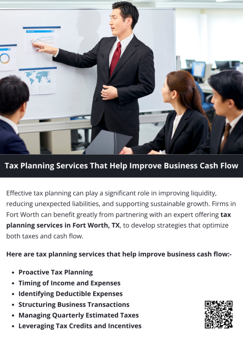 Tax planning services improve business cash flow by timing income and expenses strategically, maximizing deductions, and preventing unexpected tax bills. Proactive planning allows better budgeting and smoother financial operations. Partnering with an expert offering tax planning services in Fort Worth, TX, helps businesses maintain liquidity, stay compliant, and allocate funds efficiently for ongoing growth and stability. To know more visit here  https://www.alignedwealthadv.com/tax-planning-fort-worth-tx