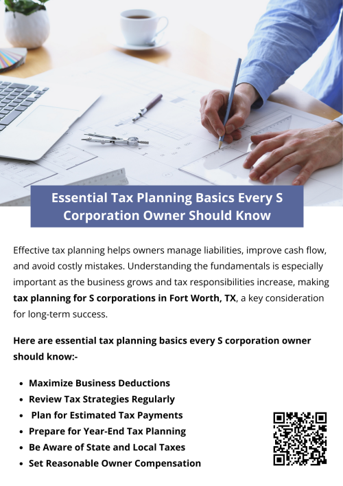 Understanding essential tax planning basics helps S corporation owners manage taxes efficiently and avoid costly mistakes. Key areas include reasonable compensation, pass-through income rules, payroll taxes, and deduction planning. Strategic tax planning for S corporations in Fort Worth TX improves cash flow, supports compliance, and helps owners align tax decisions with long-term business and personal financial goals. To know more visit here    https://www.alignedwealthadv.com/tax-planning-fort-worth-tx