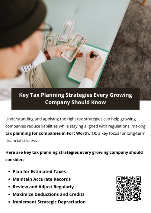 Key tax planning strategies help growing companies manage cash flow, reduce liabilities, and stay compliant as operations expand. These include entity structuring, timing income and expenses, maximizing deductions, and planning for future investments. Effective tax planning for companies in Fort Worth TX supports informed decisions, minimizes risks, and creates a strong financial foundation for sustainable long-term growth. To know more visit here  https://www.alignedwealthadv.com/tax-planning-fort-worth-tx