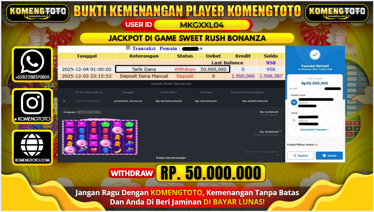 LAGI & LAGI!! KEMENANGAN BESAR DI SLOT SWEET RUSH BONANZA SEBESAR Rp.50.000.000 KOMENGTOTO BAYAR LUNAS SECEPAT KILAT !! KOMENGTOTO BAYAR SECEPAT KILAT !!