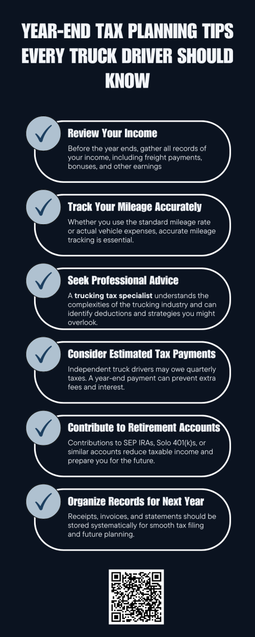 Year-end tax planning is crucial for truck drivers to minimize liabilities and maximize deductions. A trucking tax specialist can help drivers with tracking expenses, claiming mileage, and managing retirement contributions. Proper planning ensures compliance with tax laws, avoids surprises, and uncovers potential savings. Leveraging expert advice helps truck drivers keep more of their hard-earned income efficiently. To know more visit here  https://www.truckersprocpa.ca/trucking-tax-planning-preparation-services