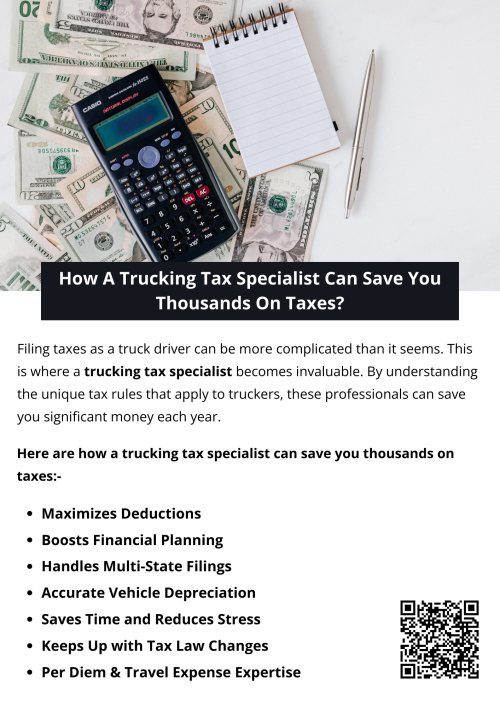 A trucking tax specialist helps drivers and companies navigate complex tax regulations, maximize deductions, and minimize liabilities. By handling expenses, mileage, and industry-specific tax rules accurately, they prevent costly mistakes and audits. Leveraging their expertise ensures compliance while uncovering savings opportunities, ultimately helping businesses and drivers save thousands on taxes and optimize financial management in the trucking industry. To know more visit here  https://www.truckersprocpa.ca/trucking-tax-planning-preparation-services