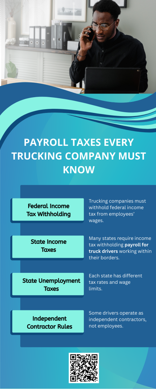 Trucking companies must understand payroll taxes to ensure compliance and avoid penalties. Payroll for truck drivers includes Social Security, Medicare, federal and state income taxes, and unemployment contributions. Accurate calculation and timely filing are essential, as driver pay structures often involve mileage, overtime, and reimbursements. Proper management streamlines operations, prevents errors, and keeps both drivers and authorities satisfied. To know more visit here  https://www.truckersprocpa.ca/trucking-payroll-services