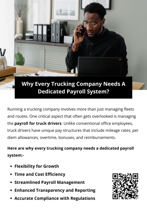 Every trucking company faces unique payroll challenges, from mileage-based pay to overtime and reimbursements. A dedicated system for payroll for truck drivers ensures accurate calculations, timely payments, and regulatory compliance. It reduces administrative burdens, prevents errors, and boosts driver satisfaction, allowing companies to focus on operations while maintaining efficiency, transparency, and growth. To know more visit here https://www.truckersprocpa.ca/trucking-payroll-services
