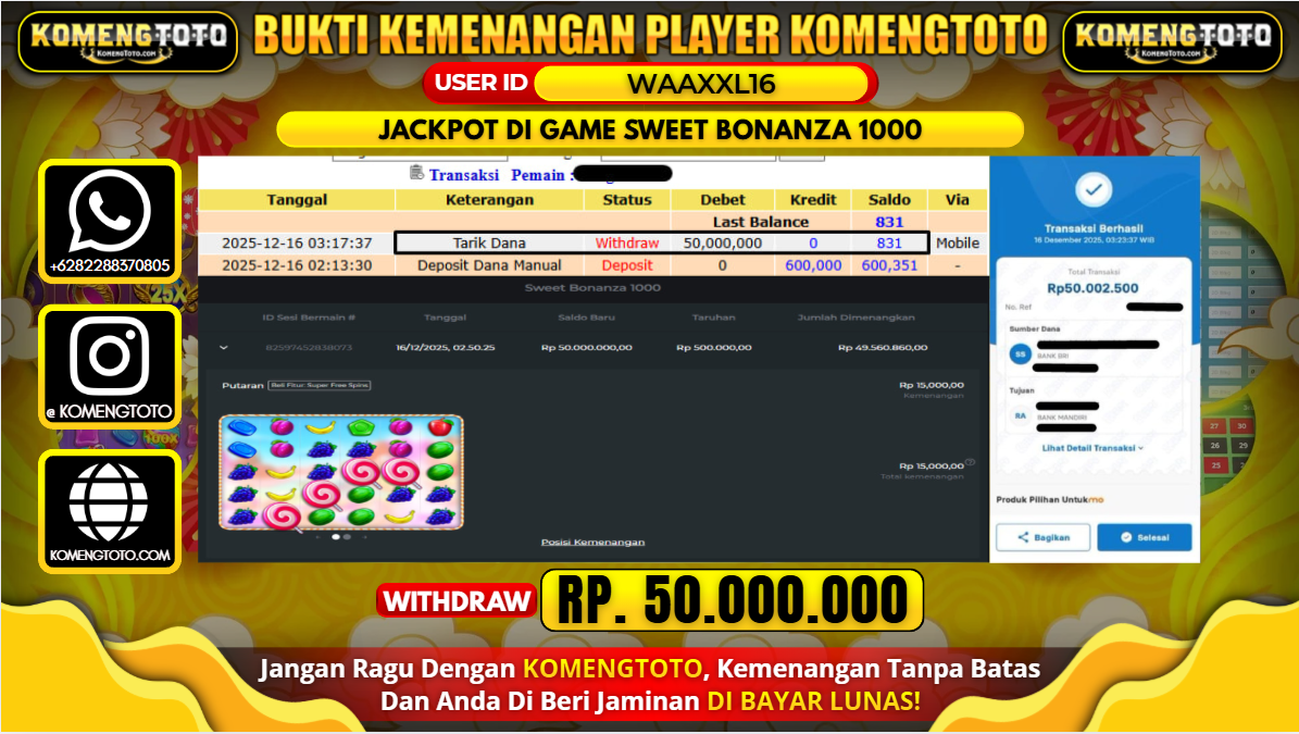 LAGI & LAGI!! KEMENANGAN BESAR DI SLOT  SWEET BONANZA 1000 SEBESAR Rp.50.000.000 KOMENGTOTO BAYAR LUNAS SECEPAT KILAT !! KOMENGTOTO BAYAR SECEPAT KILAT !!