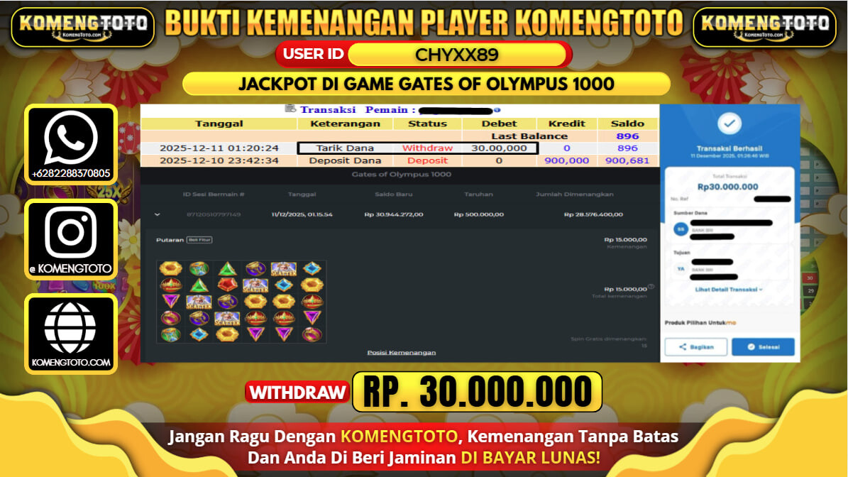 LAGI & LAGI!! KEMENANGAN BESAR DI SLOT GATES OF OLYMPUS 1000  SEBESAR Rp.30.000.000 KOMENGTOTO BAYAR LUNAS SECEPAT KILAT !! KOMENGTOTO BAYAR SECEPAT KILAT !!