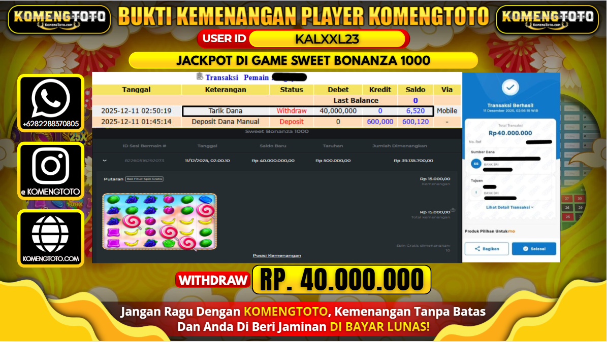 LAGI & LAGI!! KEMENANGAN BESAR DI SLOT SWEET BONANZA 1000 SEBESAR Rp.40.000.000 KOMENGTOTO BAYAR LUNAS SECEPAT KILAT !! KOMENGTOTO BAYAR SECEPAT KILAT !!