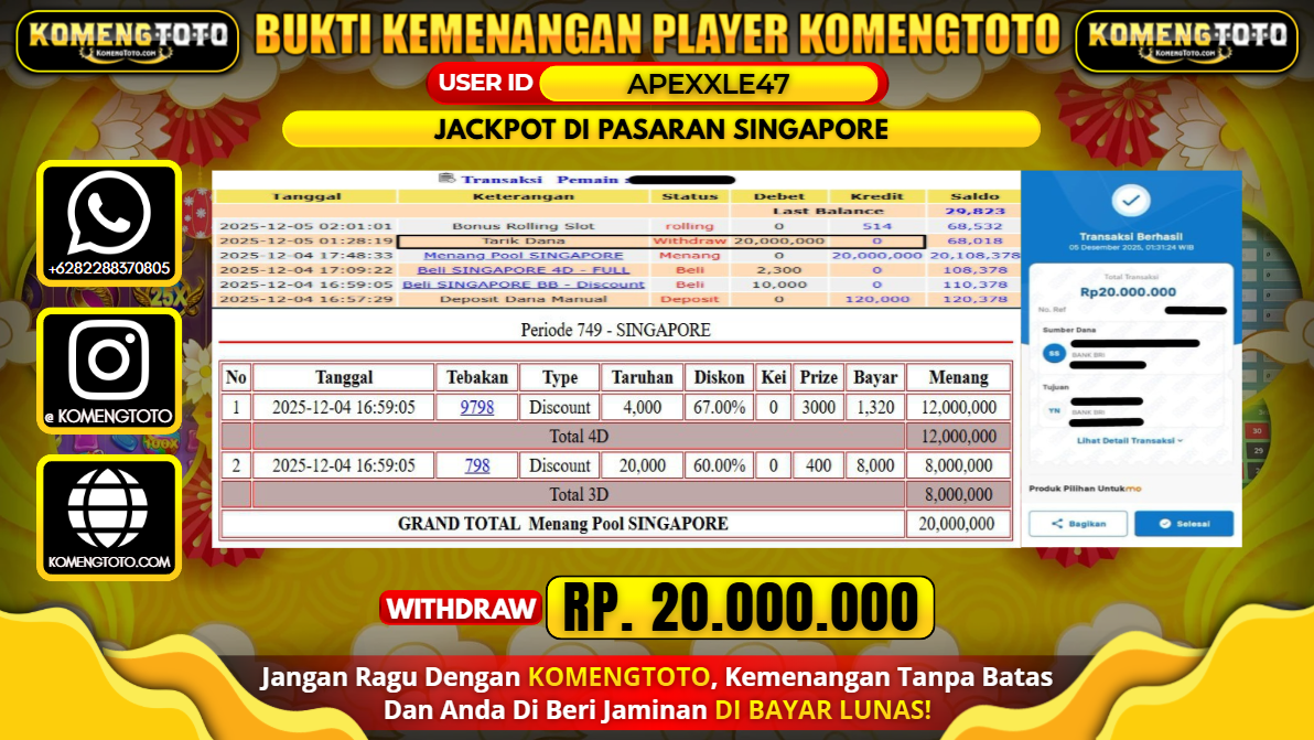 LAGI & LAGI!! KEMENANGAN BESAR DI PASARAN SINGAPORE SEBESAR Rp.20.000.000 KOMENGTOTO BAYAR LUNAS SECEPAT KILAT !! KOMENGTOTO BAYAR SECEPAT KILAT !!