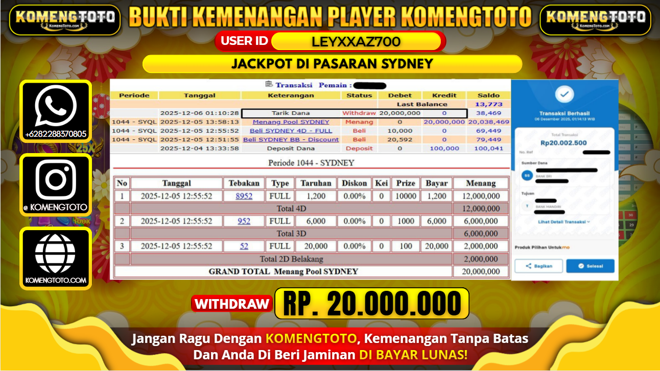 LAGI & LAGI!! KEMENANGAN BESAR DI PASARAN SYDNEY  SEBESAR Rp.20.000.000 KOMENGTOTO BAYAR LUNAS SECEPAT KILAT !! KOMENGTOTO BAYAR SECEPAT KILAT !!