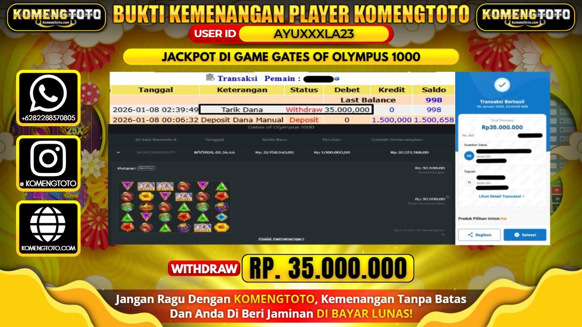 LAGI & LAGI!! KEMENANGAN BESAR DI SLOT  GATES OF OLYMPUS 1000 SEBESAR Rp. 35.000.000 KOMENGTOTO BAYAR LUNAS SECEPAT KILAT !! KOMENGTOTO BAYAR SECEPAT KILAT !!