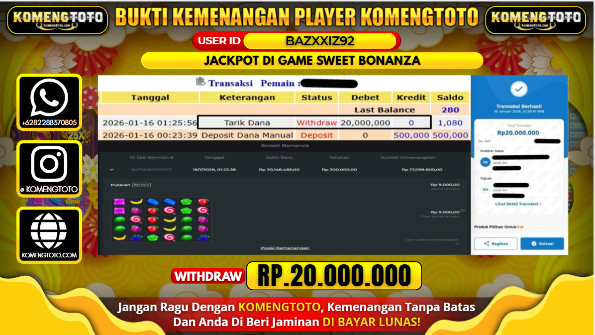 LAGI & LAGI!! KEMENANGAN BESAR DI SLOT GAME SWEET BONANZA SEBESAR Rp.20.000.000 KOMENGTOTO BAYAR LUNAS SECEPAT KILAT !! KOMENGTOTO BAYAR SECEPAT KILAT !!