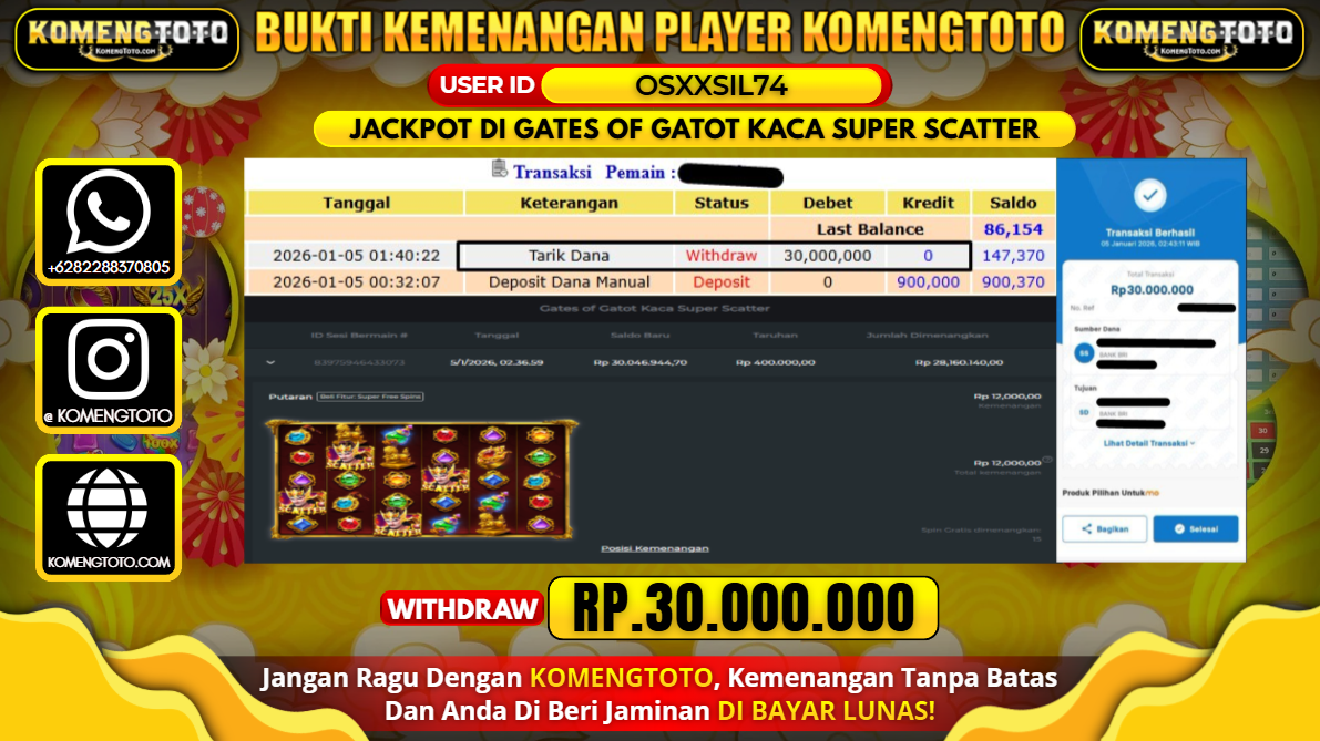 LAGI & LAGI!! KEMENANGAN BESAR DI SLOT GATES OF GATOT KACA SUPER SCATTER SEBESAR Rp.30.000.000 KOMENGTOTO BAYAR LUNAS SECEPAT KILAT !! KOMENGTOTO BAYAR SECEPAT KILAT !!