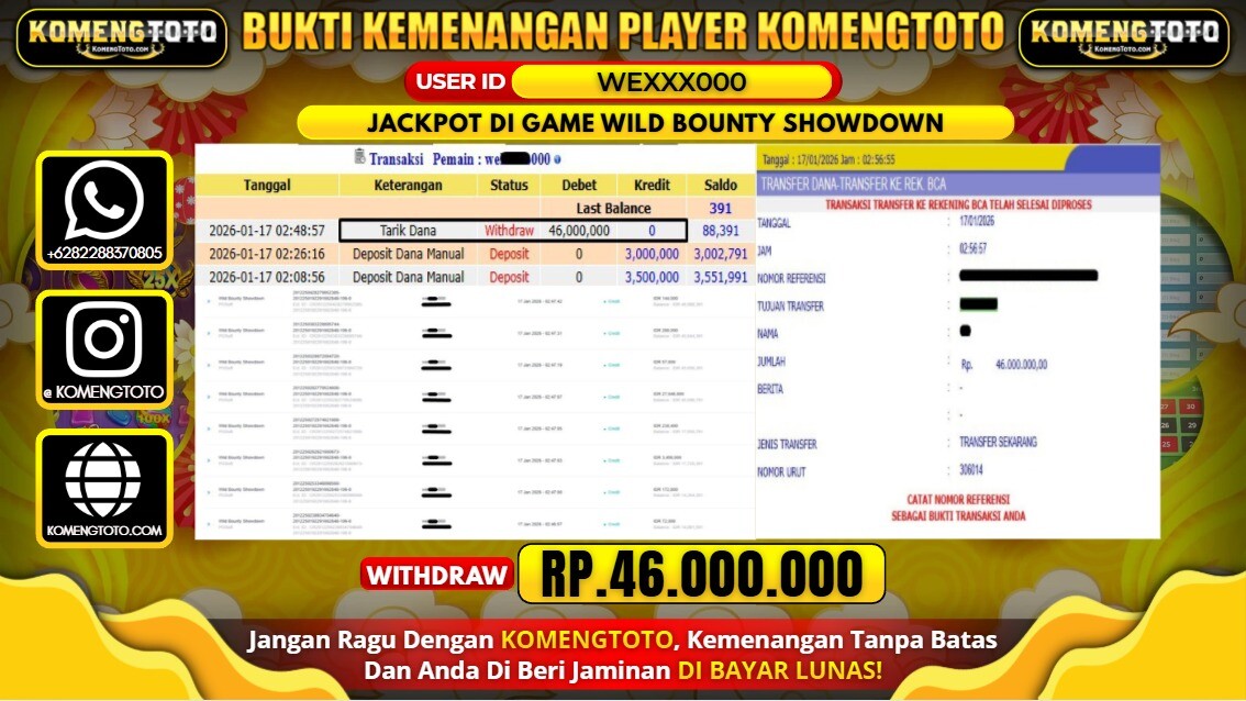 LAGI & LAGI!! KEMENANGAN BESAR DI SLOT WILD BOUNTY SHOWDOWN  SEBESAR Rp. 46.000.000 KOMENGTOTO BAYAR LUNAS SECEPAT KILAT !! KOMENGTOTO BAYAR SECEPAT KILAT !!