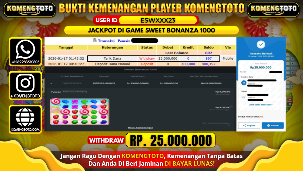 LAGI & LAGI!! KEMENANGAN BESAR DI SLOT SWEET BONANZA 1000  SEBESAR Rp.25.000.000 KOMENGTOTO BAYAR LUNAS SECEPAT KILAT !! KOMENGTOTO BAYAR SECEPAT KILAT !!