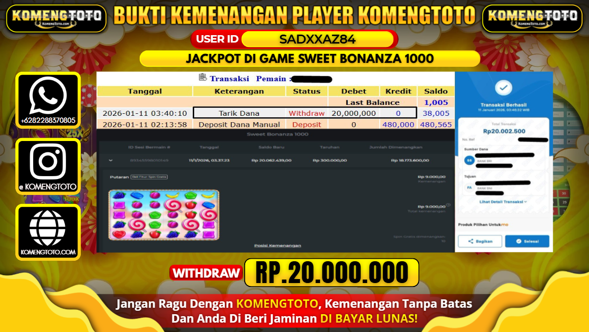 LAGI & LAGI!! KEMENANGAN BESAR DI SLOT  SWEET BONANZA 1000 SEBESAR Rp.20.000.000 KOMENGTOTO BAYAR LUNAS SECEPAT KILAT !! KOMENGTOTO BAYAR SECEPAT KILAT !!