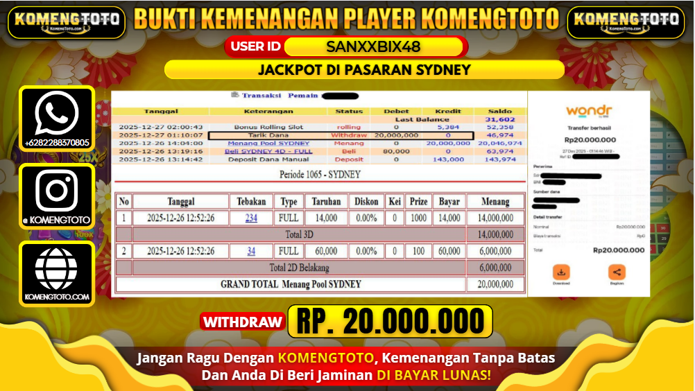LAGI & LAGI!! KEMENANGAN BESAR DI PASARAN SYDNEY SEBESAR Rp.20.000.000 KOMENGTOTO BAYAR LUNAS SECEPAT KILAT !! KOMENGTOTO BAYAR SECEPAT KILAT !!