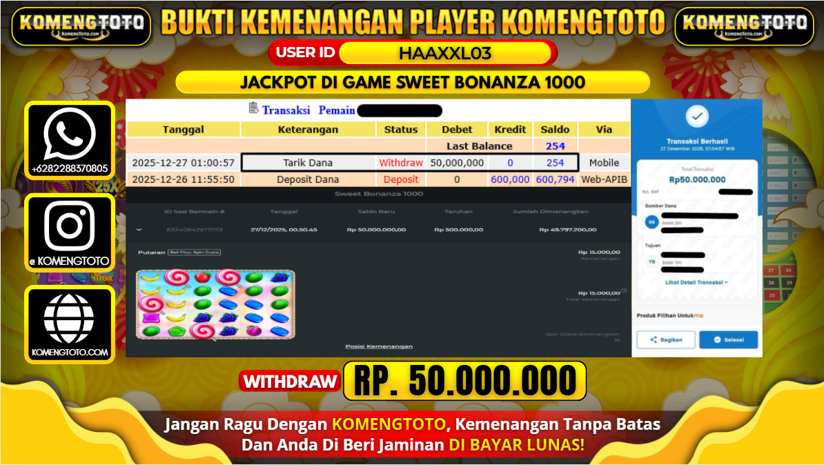 LAGI & LAGI!! KEMENANGAN BESAR DI SLOT SWEET BONANZA 1000 SEBESAR Rp.50.000.000 KOMENGTOTO BAYAR LUNAS SECEPAT KILAT !! KOMENGTOTO BAYAR SECEPAT KILAT !!