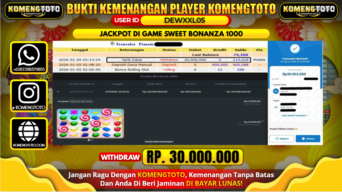 LAGI & LAGI!! KEMENANGAN BESAR DI SLOT SWEET BONANZA 1000 SEBESAR Rp.30.000.000 KOMENGTOTO BAYAR LUNAS SECEPAT KILAT !! KOMENGTOTO BAYAR SECEPAT KILAT !!