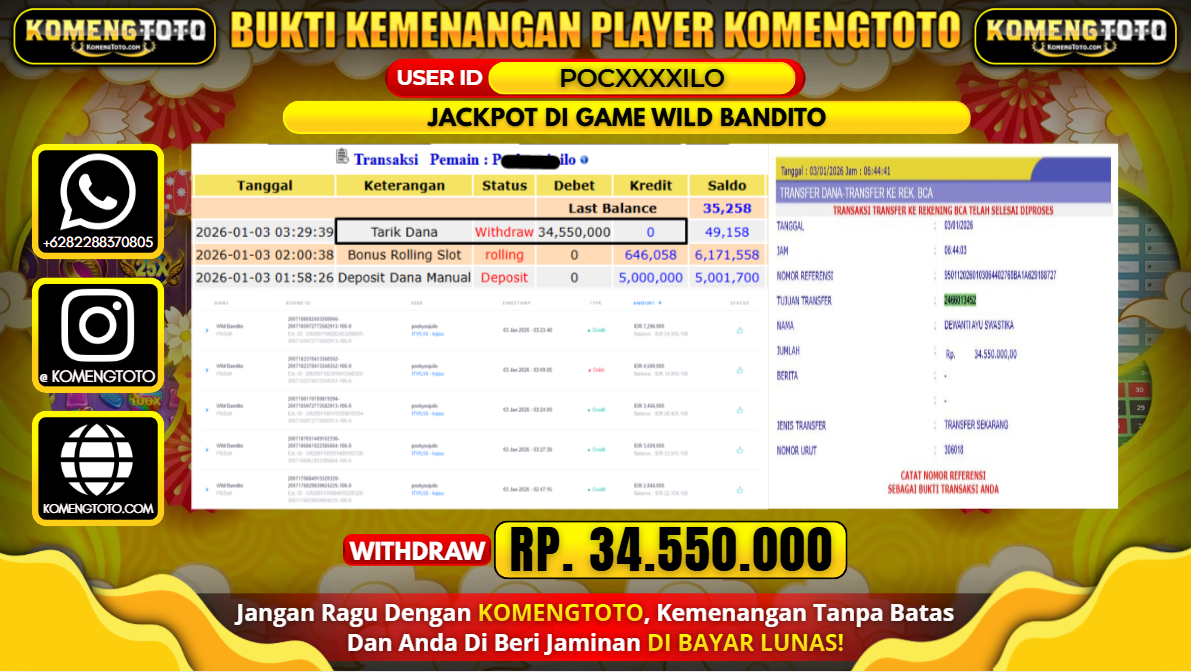 LAGI & LAGI!! KEMENANGAN BESAR DI SLOT GAME WILD BANDITO SEBESAR Rp.34.550.000 KOMENGTOTO BAYAR LUNAS SECEPAT KILAT !! KOMENGTOTO BAYAR SECEPAT KILAT !!