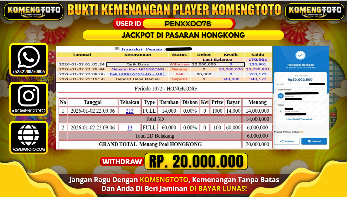 LAGI & LAGI!! KEMENANGAN BESAR DI PASARAN HONGKONG SEBESAR Rp.20.000.000 KOMENGTOTO BAYAR LUNAS SECEPAT KILAT !! KOMENGTOTO BAYAR SECEPAT KILAT !!