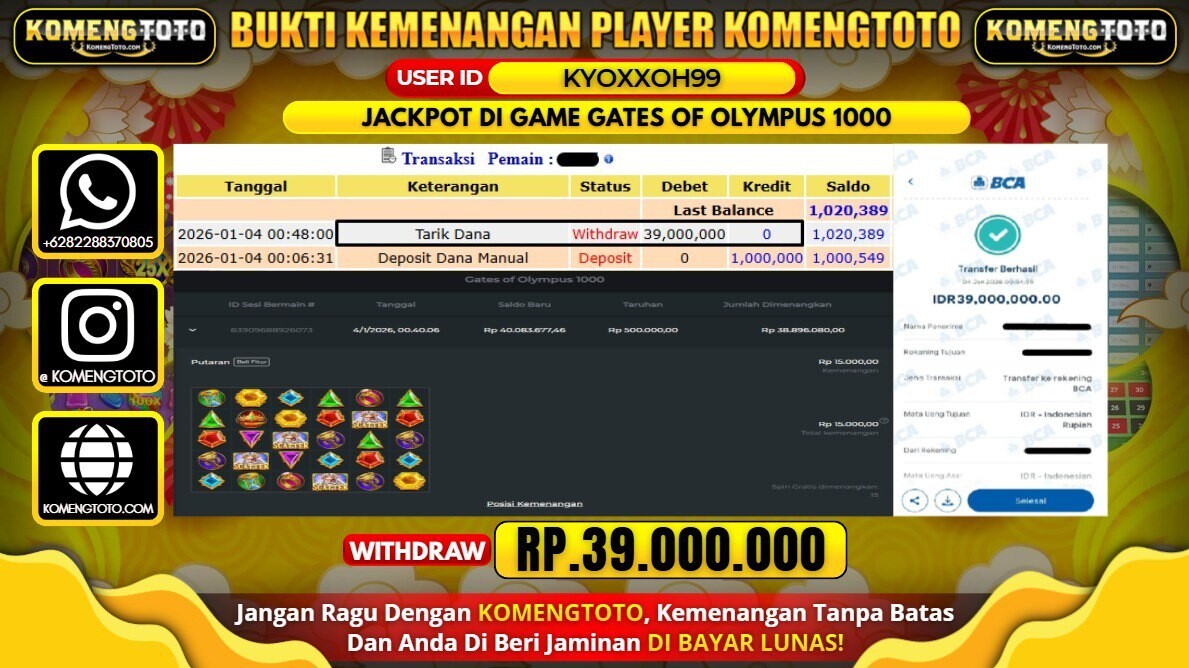 LAGI & LAGI!! KEMENANGAN BESAR DI SLOTGATES OF OLYMPUS 1000 SEBESAR Rp.39.000.000 KOMENGTOTO BAYAR LUNAS SECEPAT KILAT !! KOMENGTOTO BAYAR SECEPAT KILAT !!