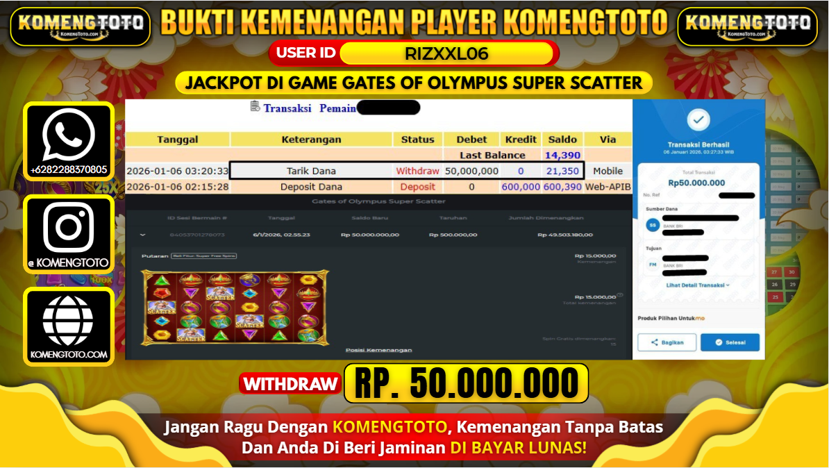 LAGI & LAGI!! KEMENANGAN BESAR DI SLOT OF OLYMPUS SUPER SCATTER SEBESAR Rp.50.000.000 KOMENGTOTO BAYAR LUNAS SECEPAT KILAT !! KOMENGTOTO BAYAR SECEPAT KILAT !!