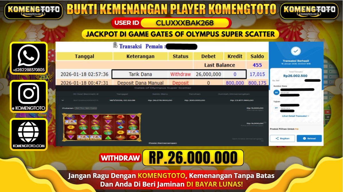 LAGI & LAGI!! KEMENANGAN BESAR DI SLOT GATES OF OLYMPUS SUPER SCATTER  SEBESAR Rp.26.000.000 KOMENGTOTO BAYAR LUNAS SECEPAT KILAT !! KOMENGTOTO BAYAR SECEPAT KILAT !!