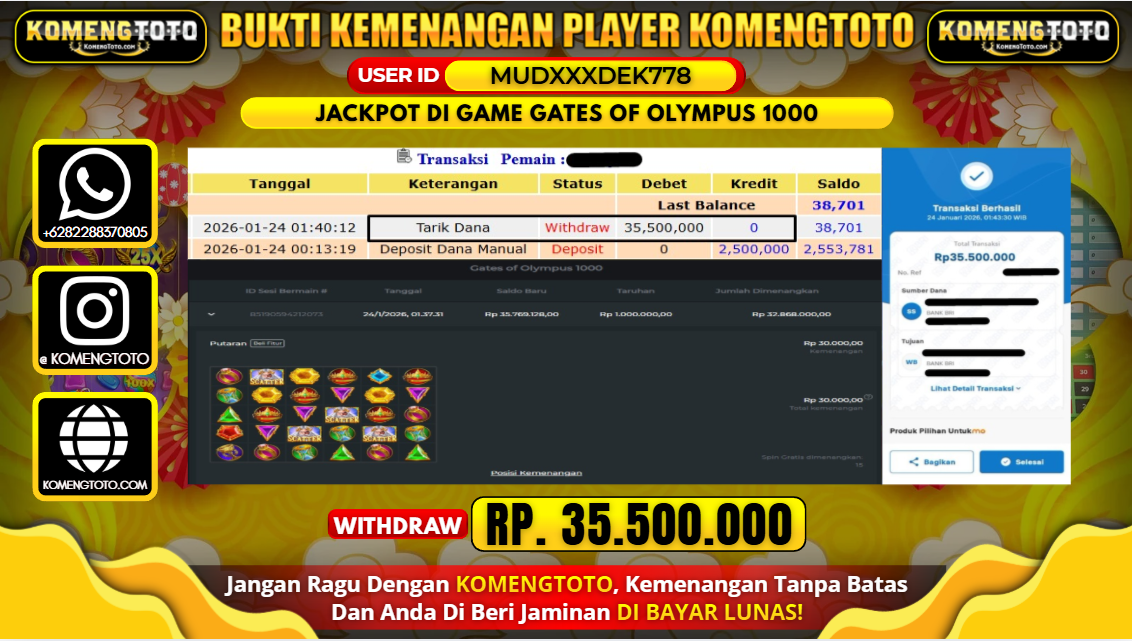 LAGI & LAGI!! KEMENANGAN BESAR DI SLOT GATES OF OLYMPUS 1000  SEBESAR Rp.35.500.000 KOMENGTOTO BAYAR LUNAS SECEPAT KILAT !! KOMENGTOTO BAYAR SECEPAT KILAT !!