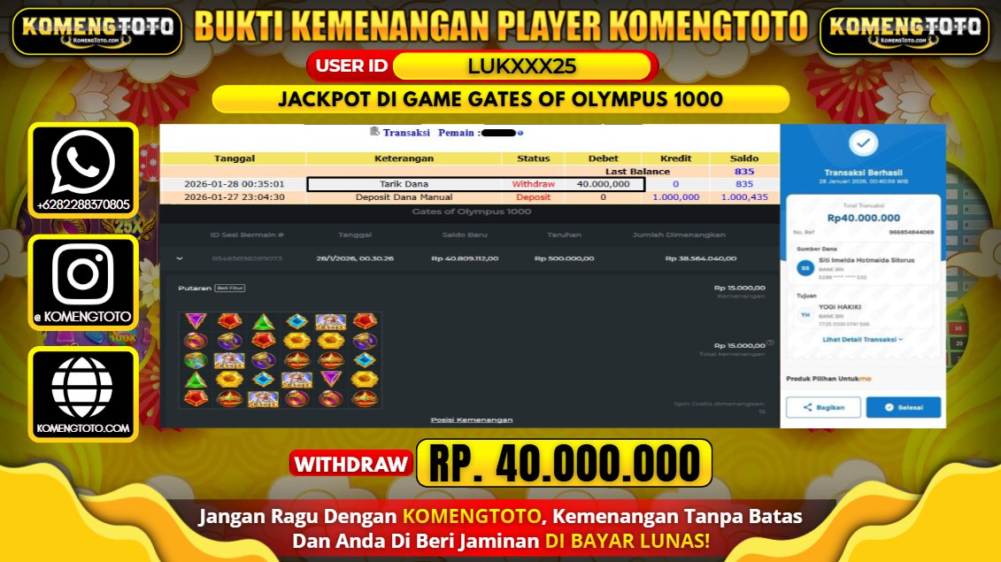 LAGI & LAGI!! KEMENANGAN BESAR DI SLOT  GATES OF OLYMPUS 1000  SEBESAR Rp. 40.000.000 KOMENGTOTO BAYAR LUNAS SECEPAT KILAT !! KOMENGTOTO BAYAR SECEPAT KILAT !!