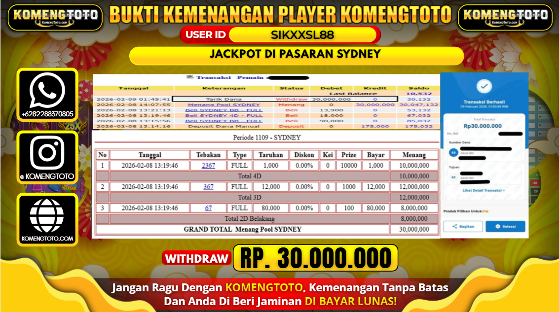 LAGI & LAGI!! KEMENANGAN BESAR DI PASARAN SYDNEY SEBESAR Rp.30.000.000 KOMENGTOTO BAYAR LUNAS SECEPAT KILAT !! KOMENGTOTO BAYAR SECEPAT KILAT !!