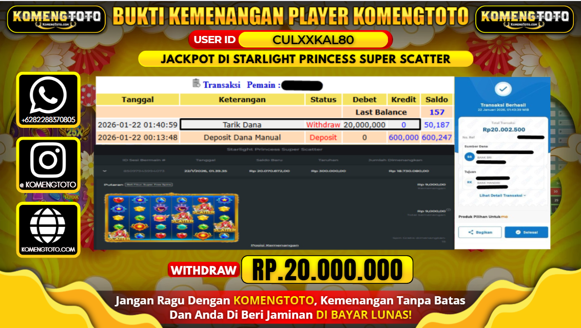 LAGI & LAGI!! KEMENANGAN BESAR DI STARLIGHT PRINCESS SUPER SCATTER SEBESAR Rp.20.000.000 KOMENGTOTO BAYAR LUNAS SECEPAT KILAT !! KOMENGTOTO BAYAR SECEPAT KILAT !!