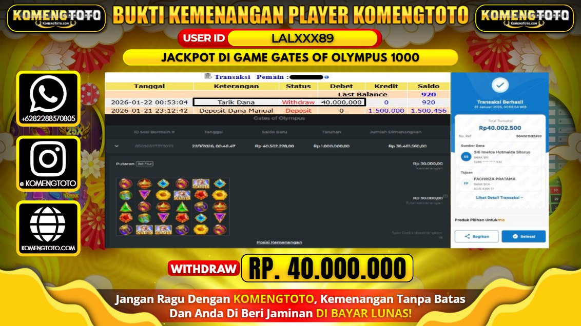 LAGI & LAGI!! KEMENANGAN BESAR DI SLOT GATEES OF OLYMPUS 1000 SEBESAR Rp. 40.000.000 KOMENGTOTO BAYAR LUNAS SECEPAT KILAT !! KOMENGTOTO BAYAR SECEPAT KILAT !!