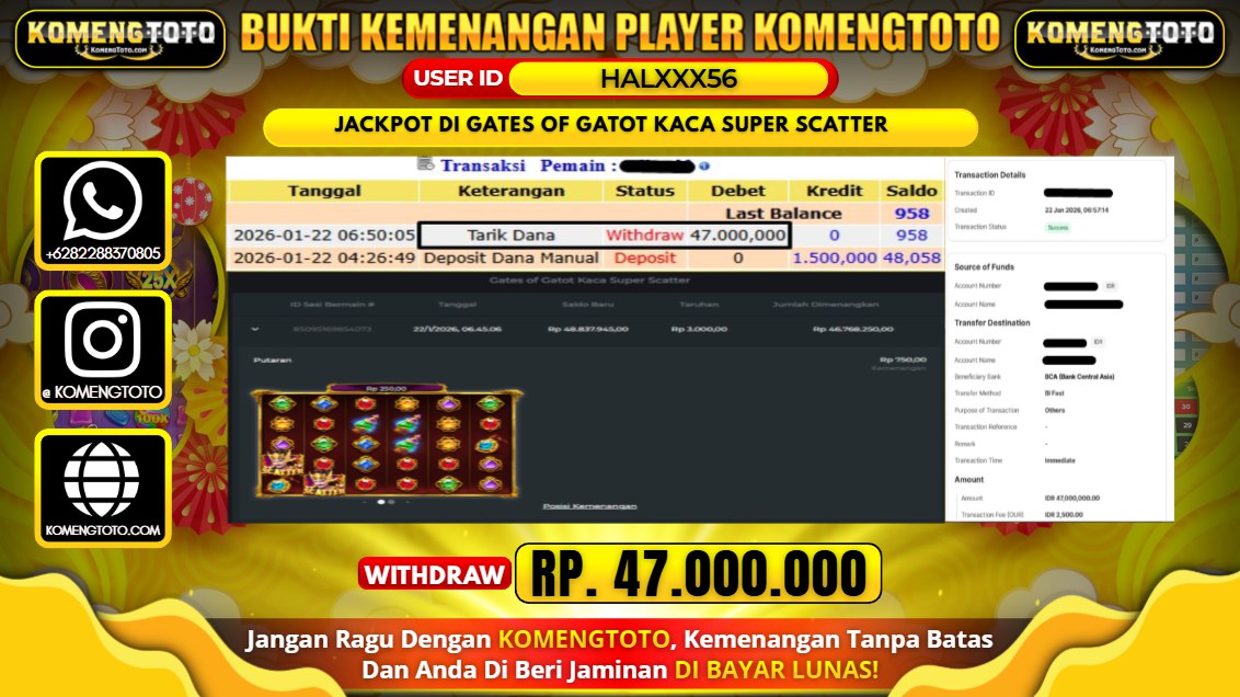 LAGI & LAGI!! KEMENANGAN BESAR DI SLOT JACKPOT DI GATES OF GATOT KACA SUPER SCATTER SEBESAR Rp. 47.000.000 KOMENGTOTO BAYAR LUNAS SECEPAT KILAT !! KOMENGTOTO BAYAR SECEPAT KILAT !!