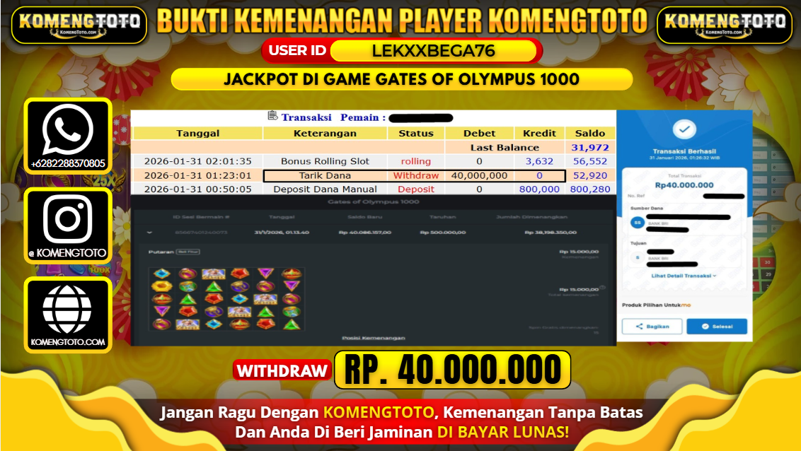LAGI & LAGI!! KEMENANGAN BESAR DI SLOT GAME GATES OF OLYMPUS 1000  SEBESAR Rp.40.000.000 KOMENGTOTO BAYAR LUNAS SECEPAT KILAT !! KOMENGTOTO BAYAR SECEPAT KILAT !!