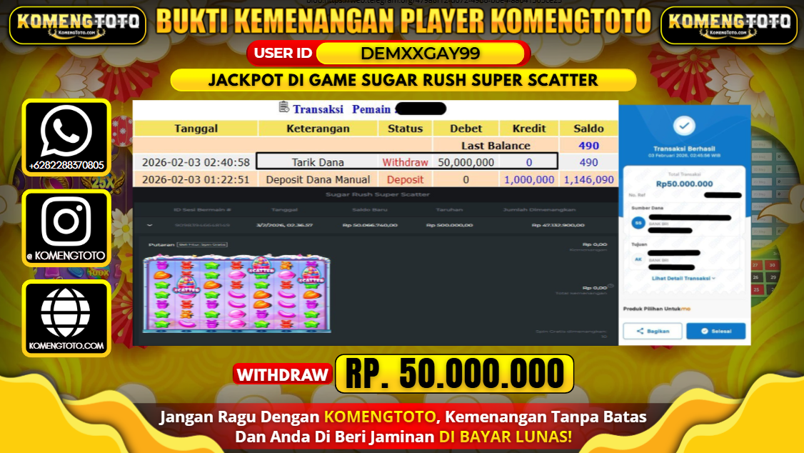 LAGI & LAGI!! KEMENANGAN BESAR DI SLOT SUGAR RUSH SUPER SCATTER SEBESAR Rp.50.000.000 KOMENGTOTO BAYAR LUNAS SECEPAT KILAT !! KOMENGTOTO BAYAR SECEPAT KILAT !!