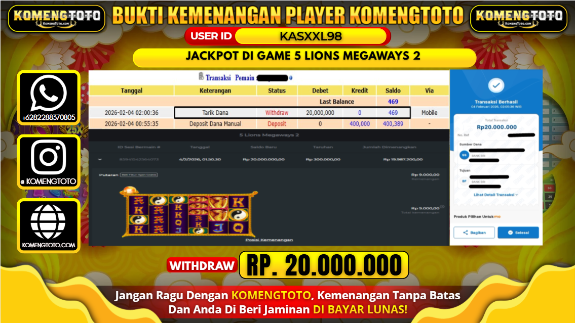 LAGI & LAGI!! KEMENANGAN BESAR DI SLOT 5 LIONS MEGAWAYS 2 SEBESAR Rp.20.000.000 KOMENGTOTO BAYAR LUNAS SECEPAT KILAT !! KOMENGTOTO BAYAR SECEPAT KILAT !!