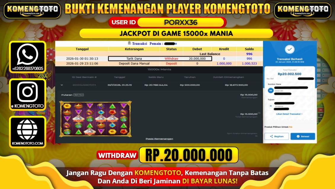 LAGI & LAGI!! KEMENANGAN BESAR DI SLOT  15000X MANIA SEBESAR Rp. 20.000.000 KOMENGTOTO BAYAR LUNAS SECEPAT KILAT !! KOMENGTOTO BAYAR SECEPAT KILAT !!