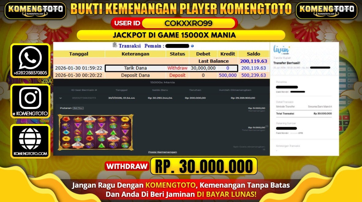 LAGI & LAGI!! KEMENANGAN BESAR DI SLOT  15000X MANIA SEBESAR Rp. 30.000.000 KOMENGTOTO BAYAR LUNAS SECEPAT KILAT !! KOMENGTOTO BAYAR SECEPAT KILAT !!