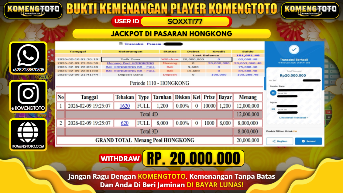 LAGI & LAGI!! KEMENANGAN BESAR DI PASARAN HONGKONG SEBESAR Rp.20.000.000 KOMENGTOTO BAYAR LUNAS SECEPAT KILAT !! KOMENGTOTO BAYAR SECEPAT KILAT !!