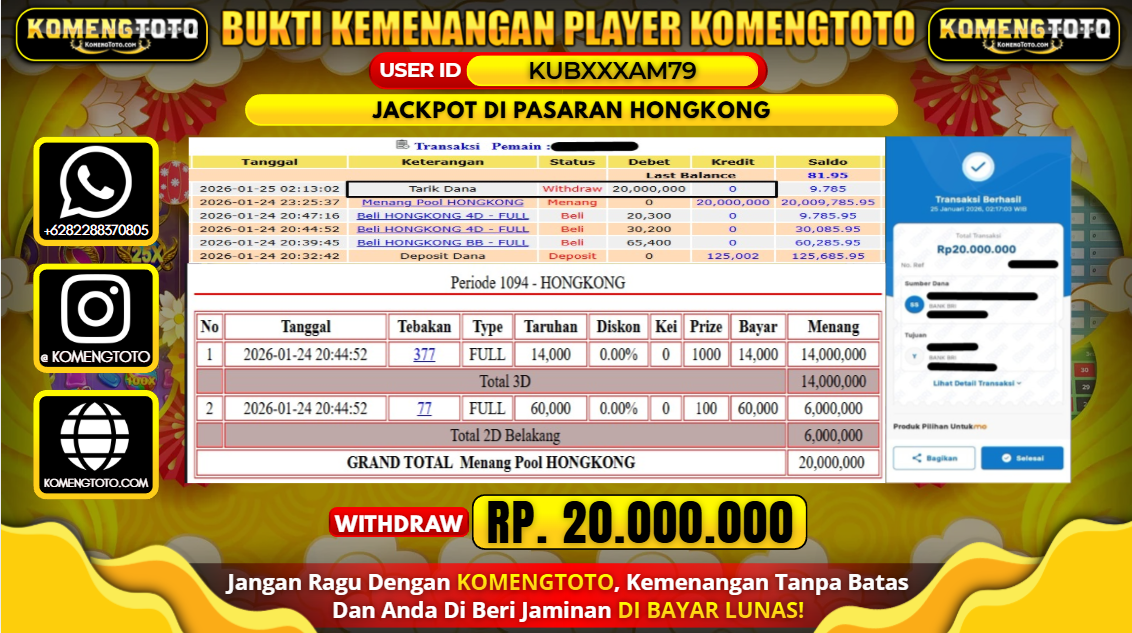 LAGI & LAGI!! KEMENANGAN BESAR DI PASARAN HONGKONG  SEBESAR Rp.20.000.000 KOMENGTOTO BAYAR LUNAS SECEPAT KILAT !! KOMENGTOTO BAYAR SECEPAT KILAT !!
