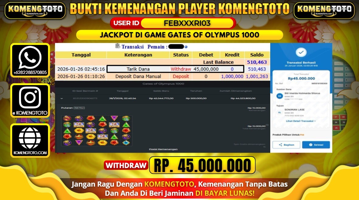 LAGI & LAGI!! KEMENANGAN BESAR DI SLOT GATES OF OLYMPUS 1000  SEBESAR Rp.45.000.000 KOMENGTOTO BAYAR LUNAS SECEPAT KILAT !! KOMENGTOTO BAYAR SECEPAT KILAT !!