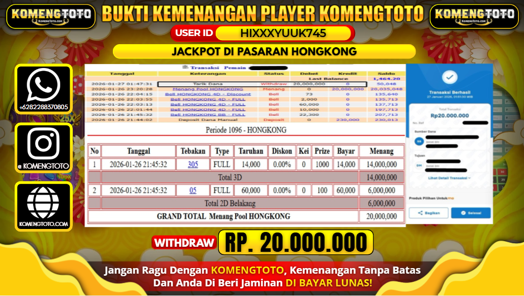 LAGI & LAGI!! KEMENANGAN BESAR DI PASARAN HONGKONG  SEBESAR Rp.20.000.000 KOMENGTOTO BAYAR LUNAS SECEPAT KILAT !! KOMENGTOTO BAYAR SECEPAT KILAT !!