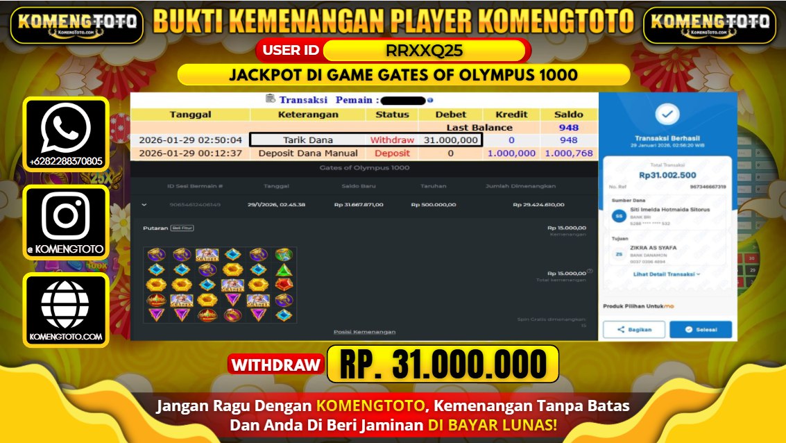 LAGI & LAGI!! KEMENANGAN BESAR DI SLOT  GATES OF OLYMPUS 1000  SEBESAR Rp. 31.000.000 KOMENGTOTO BAYAR LUNAS SECEPAT KILAT !! KOMENGTOTO BAYAR SECEPAT KILAT !!