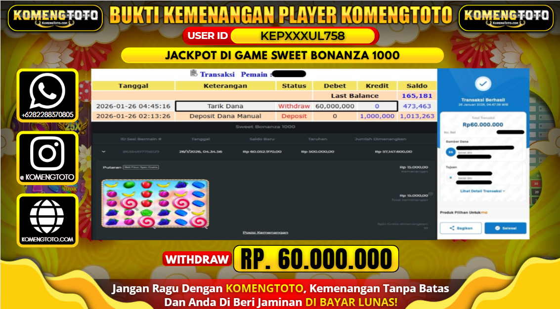 LAGI & LAGI!! KEMENANGAN BESAR DI SWEET BONANZA 1000 SEBESAR Rp.60.000.000 KOMENGTOTO BAYAR LUNAS SECEPAT KILAT !! KOMENGTOTO BAYAR SECEPAT KILAT !!
