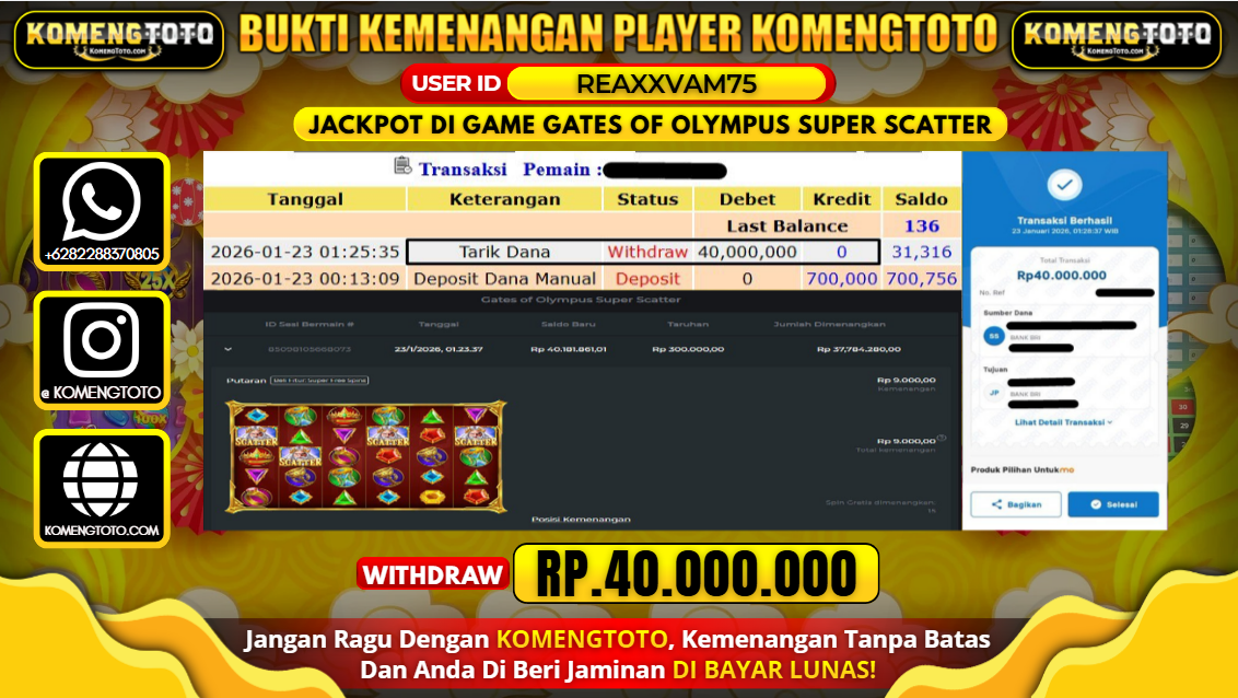 LAGI & LAGI!! KEMENANGAN BESAR DI SLOT GAME GATES OF OLYMPUS SUPER SCATTER SEBESAR Rp. 40.000.000 KOMENGTOTO BAYAR LUNAS SECEPAT KILAT !! KOMENGTOTO BAYAR SECEPAT KILAT !!