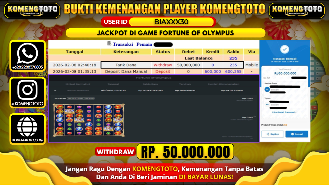 LAGI & LAGI!! KEMENANGAN BESAR DI SLOT FORTUNE OF OLYMPUS SEBESAR Rp.50.000.000 KOMENGTOTO BAYAR LUNAS SECEPAT KILAT !! KOMENGTOTO BAYAR SECEPAT KILAT !!